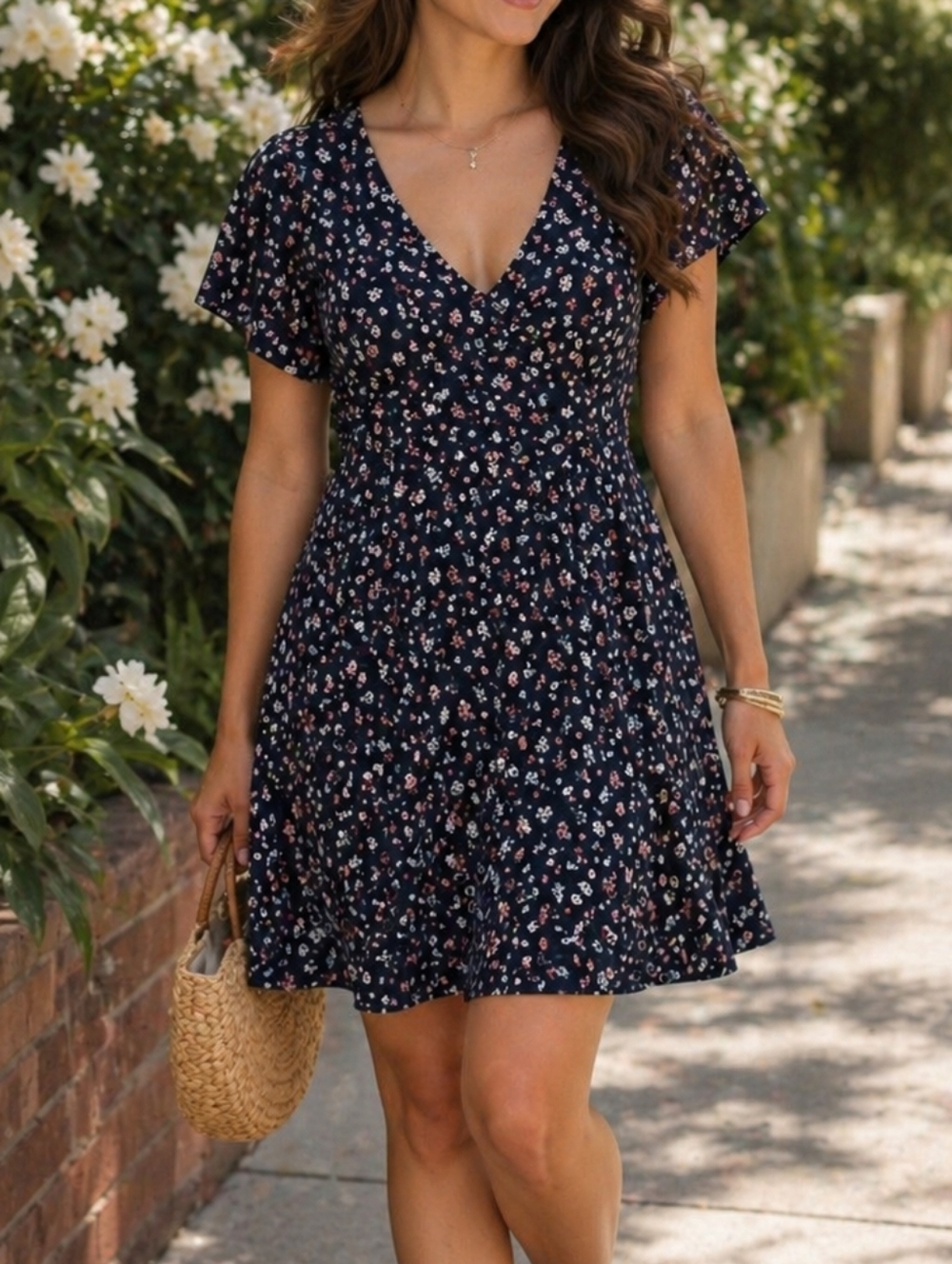 Nwt Esprit Navy Floral V-Neck Dress Flutter Sleeve Fit & Flare Casual Spring